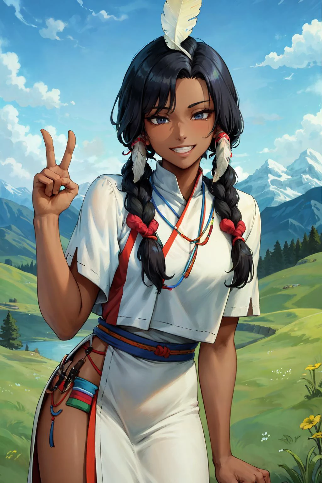 (masterpiece:1.2), (best quality:1.2), perfect eyes, perfect face, volumetric lighting, 1girl, mature female, dark-skinned, dark eyes, smiling, excited, NativAm, a woman in a native dress , wearing NativAm, feathers on her head , braids, native gown, native print, meadow, mountains, sky, clouds <lora:nativeAmerican_v10:0.75>