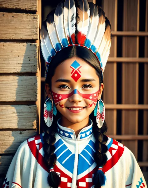 Masterpiece, absurdres,award winning photo, extremely detailed, amazing, fine detail, extremely detailed eyes and face, by lee jeffries nikon d850 film stock photograph 4 kodak portra 400 camera f1.6 lens rich colors hyper realistic lifelike texture dramatic lighting unrealengine trending on artstation cinestill 800 tungsten, beautiful 25 years old woman, smiling, excited,
NativAm, a woman in a native dress , wearing NativAm, feathers on her head , braids, native gown, native print , (face paint:1.3),
<lora:NativAm:0.75>