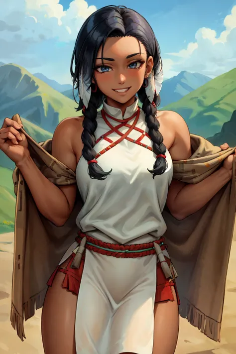 (masterpiece:1.2), (best quality:1.2), perfect eyes, perfect face, volumetric lighting, 1girl, mature female, dark-skinned, smiling, excited, NativAm, a woman in a native dress , wearing NativAm, feathers on her head , braids, native gown, native print, western plains background <lora:nativeAmerican_v10:0.75>