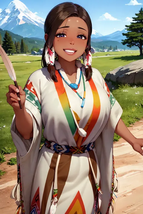 (masterpiece:1.2), (best quality:1.2), perfect eyes, perfect face, volumetric lighting, 1girl, mature female, dark-skinned, brown eyes, smiling, excited, NativAm, a woman in a native dress , wearing NativAm, feathers on her head , native gown, native print, meadow, mountains, sky, clouds, trees, rocks <lora:nativeAmerican_v10:0.75> <lora:fellatrixStyle_v1:0.6>