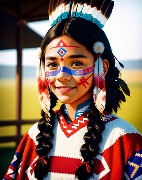 Masterpiece, absurdres,award winning photo, extremely detailed, amazing, fine detail, extremely detailed eyes and face, by lee jeffries nikon d850 film stock photograph 4 kodak portra 400 camera f1.6 lens rich colors hyper realistic lifelike texture dramatic lighting unrealengine trending on artstation cinestill 800 tungsten, beautiful 25 years old woman, smiling, excited,
NativAm, a woman in a native dress , wearing NativAm, feathers on her head , braids, native gown, native print , (face paint:1.3),
<lora:NativAm:0.75>
