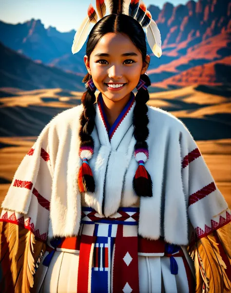 Masterpiece, absurdres,award winning photo, extremely detailed, amazing, fine detail, extremely detailed eyes and face, by lee jeffries nikon d850 film stock photograph 4 kodak portra 400 camera f1.6 lens rich colors hyper realistic lifelike texture dramatic lighting unrealengine trending on artstation cinestill 800 tungsten, beautiful 25 years old woman, smiling, excited,
NativAm, a woman in a native dress , wearing NativAm, feathers on her head , braids, native gown, native print ,
<lora:NativAm:0.75>