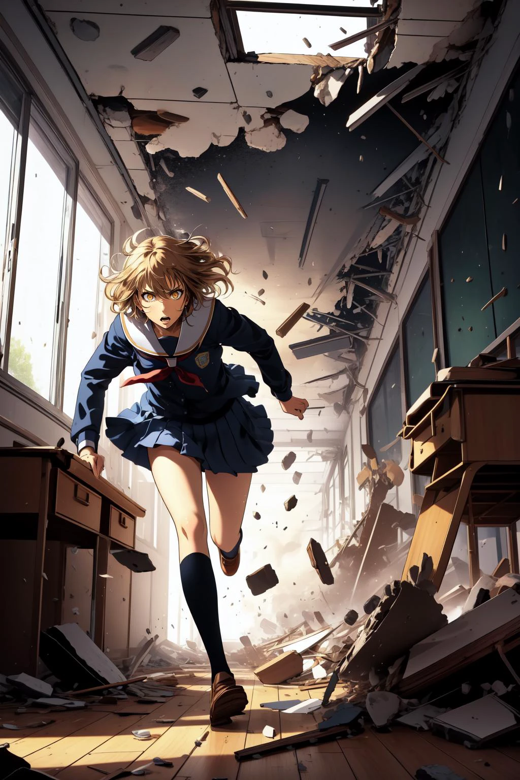 (masterpiece, best quality), intricate details,
1girl, <lora:chara_SoloLeveling_ChaHaeIn:0.8>cha hae-in, mature, angry, blonde hair, short hair, yellow eyes, glowing eyes,
<lora:escapeSchool:0.6> school,debris,fleeing,collapse,(outdoors, looking at viewer),running,building,school chair,school desk,, school,debris,fleeing,collapse,indoors,running,(hallway,school hallway),, school,debris,fleeing,collapse,indoors,running,(((classroom))),school chair,school desk,