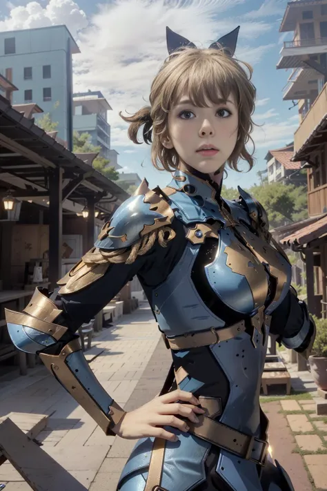 best quality, (masterpiece:1.2), highly detailed, day, city, 1girl, solo, <lora:chara_SoloLeveling_ChaHaeIn_v1:1.2>, cha hae-in, closed mouth, from front, looking at viewer, blonde hair, short hair, brown eyes, ponytail, (blue armor:1.4), belt, bodysuit, <lora:polyhedron_skinny_all:0.5>, <lora:add_detail:0.3>