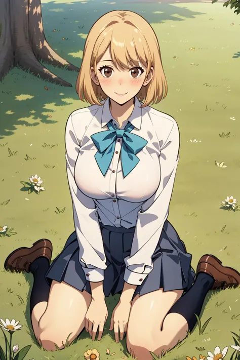 best quality, masterpiece, highres, solo,(mature female, milf:1.4), looking at viewer, <lora:chara_SoloLeveling_ChaHaeIn:0.8>, cha hae-in, blonde hair, short hair, brown eyes,school uniform, loafers,
light smile, blush,grass, field, wariza,