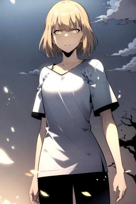 best quality, (masterpiece:1.2), detailed, gradient background,
<lora:chara_SoloLeveling_ChaHaeIn:0.8>, cha hae-in,
mature, angry,
blonde hair, short hair, yellow eyes, glowing eyes,
casual shirt, black pants, collarbone, short sleeves,
standing, looking at viewer,
clouds, night