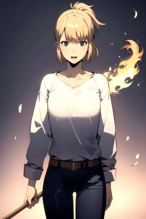 best quality, (masterpiece:1.2), detailed, gradient background,
<lora:chara_SoloLeveling_ChaHaeIn:0.8>, cha hae-in,
mature, surprised,
blonde hair, short hair, brown eyes, ponytail,
white shirt, jeans, collarbone, long sleeves, letterboxed, belt,
standing, looking at viewer, holding, pickaxe,
fire