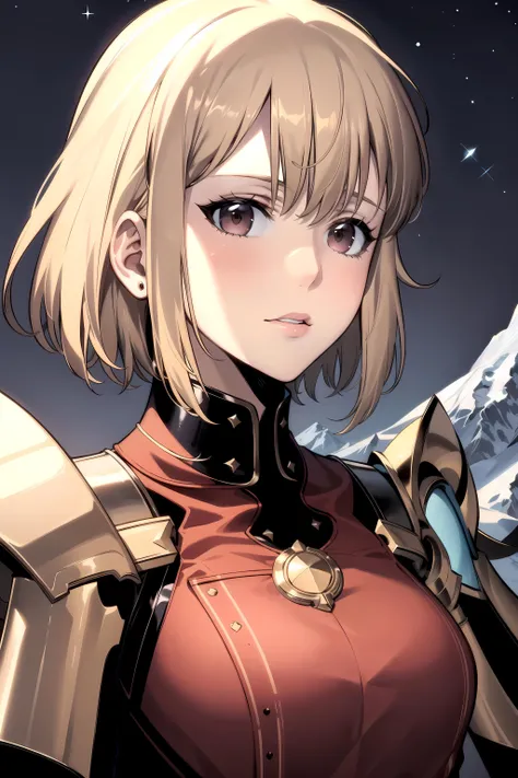 best quality, (masterpiece:1.2), detailed,
<lora:chara_SoloLeveling_ChaHaeIn:0.8>, cha hae-in,
mature,
blonde hair, short hair, brown eyes, 
red armor, gauntlets,
looking at viewer, (portrait:1.2),
mountains, night, starry sky