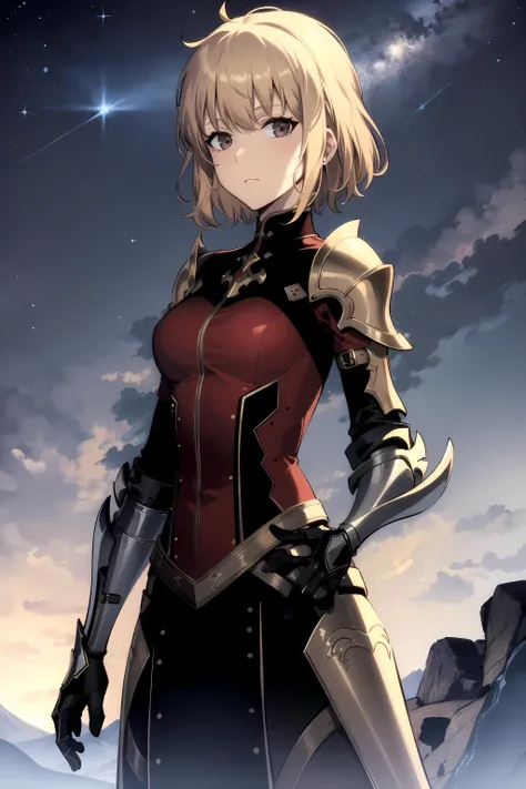 best quality, (masterpiece:1.2), detailed,
<lora:chara_SoloLeveling_ChaHaeIn:0.8>, cha hae-in,
blonde hair, short hair, brown eyes,
red armor, gauntlets,
standing, looking at viewer,
mountains, night, starry sky