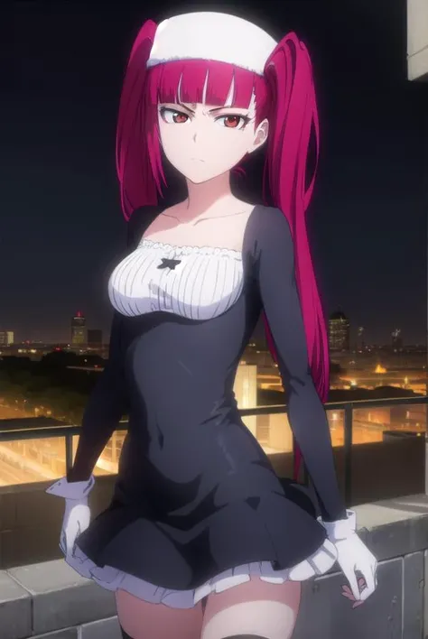 rirukadokugamine, <lyco:rirukadokugamine-lyco-nochekaiser:1>,
riruka dokugamine, long hair, twintails, (red eyes:1.5), purple hair, bangs, blunt bangs,
BREAK thighhighs, hat, maid, long sleeves, gloves, dress, black dress, skirt, black skirt, collarbone,
BREAK outdoors, night, city,
BREAK looking at viewer, (cowboy shot:1.5),
BREAK <lyco:GoodHands-beta2:1>, (masterpiece:1.2), best quality, high resolution, unity 8k wallpaper, (illustration:0.8), (beautiful detailed eyes:1.6), extremely detailed face, perfect lighting, extremely detailed CG, (perfect hands, perfect anatomy),