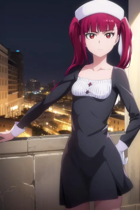 rirukadokugamine, <lyco:rirukadokugamine-lyco-nochekaiser:1>, 
riruka dokugamine, long hair, twintails, (red eyes:1.5), purple hair, bangs, blunt bangs,
BREAK thighhighs, hat, maid, long sleeves, gloves, dress, black dress, skirt, black skirt, collarbone,
BREAK outdoors, night, city,
BREAK looking at viewer, (cowboy shot:1.5),
BREAK <lyco:GoodHands-beta2:1>, (masterpiece:1.2), best quality, high resolution, unity 8k wallpaper, (illustration:0.8), (beautiful detailed eyes:1.6), extremely detailed face, perfect lighting, extremely detailed CG, (perfect hands, perfect anatomy),