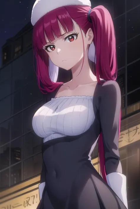 rirukadokugamine, <lyco:rirukadokugamine-lyco-nochekaiser:1>,
riruka dokugamine, long hair, twintails, (red eyes:1.5), purple hair, bangs, blunt bangs,
BREAK thighhighs, hat, maid, long sleeves, gloves, dress, black dress, skirt, black skirt, collarbone,
BREAK outdoors, night, city,
BREAK looking at viewer, (cowboy shot:1.5),
BREAK <lyco:GoodHands-beta2:1>, (masterpiece:1.2), best quality, high resolution, unity 8k wallpaper, (illustration:0.8), (beautiful detailed eyes:1.6), extremely detailed face, perfect lighting, extremely detailed CG, (perfect hands, perfect anatomy),