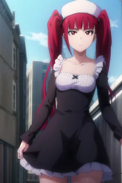 rirukadokugamine, <lyco:rirukadokugamine-lyco-nochekaiser:1>,
riruka dokugamine, long hair, twintails, (red eyes:1.5), purple hair, bangs, blunt bangs,
BREAK thighhighs, hat, maid, long sleeves, gloves, dress, black dress, skirt, black skirt, collarbone,
BREAK outdoors, night, city,
BREAK looking at viewer, (cowboy shot:1.5),
BREAK <lyco:GoodHands-beta2:1>, (masterpiece:1.2), best quality, high resolution, unity 8k wallpaper, (illustration:0.8), (beautiful detailed eyes:1.6), extremely detailed face, perfect lighting, extremely detailed CG, (perfect hands, perfect anatomy),