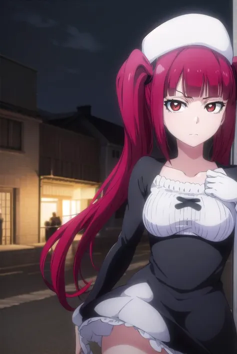 Anime girl with red hair and white dress standing in front of a pole ...