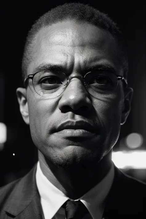 MalcolmX, ((detailed face, Times Square background, detailed background, cyberpunk, shadow, dramatic lighting, by Bill Sienkiewicz, bokeh, night, midnight, darkness))