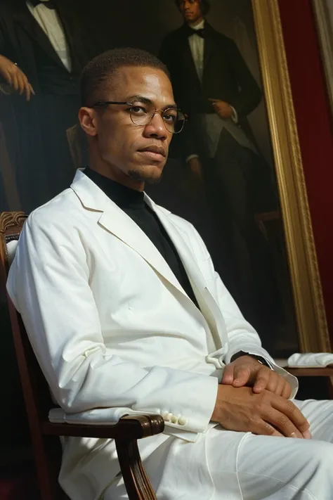 MalcolmX, photography by (David LaChappelle:1.3), seated on throne, King of France, modelshoot, pose, (closeup on upper body:1.3), Flemish masters, luxurious fabrics, silk, Versailles, French aristocracy, palace interior, 1782, large oil paintings on walls, portrait