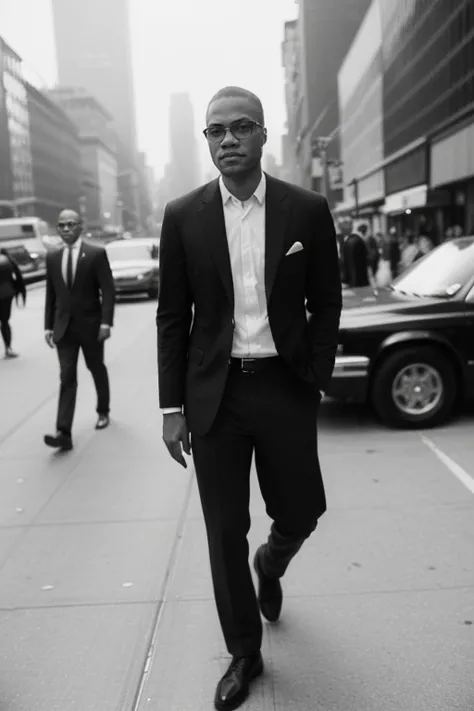 MalcolmX, photography by (Rodney Smith:1.3), ((upper body focus, shoulders)), modelshoot, pose, (business suit, black jacket, white shirt, open collar, facing viewer, busy Manhattan sidewalk, looking at viewer, blurry background, bokeh, ID photo:1.3), serious look