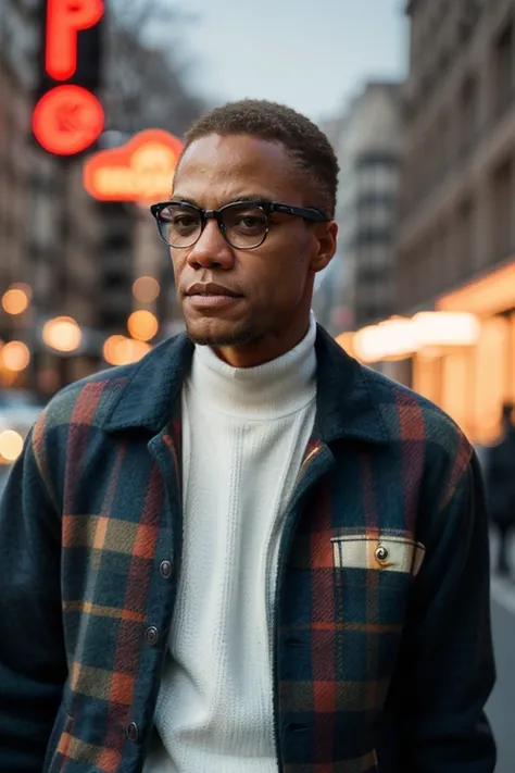 MalcolmX, (upper body, man with a neon sign in the background, ((plaid wool jacket, turtleneck)), character album cover, psychedelia style, joy, promotional photoshoot, Vogue magazine cover style, promotional render), Paris street background