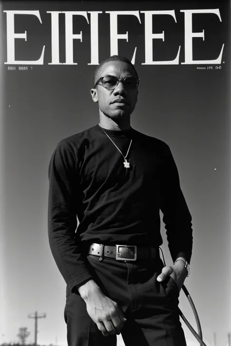 MalcolmX, masculine pose, well-lit wooden structure, abandoned Wild West ghost town, late afternoon, colorful red orange yellow light, very emotional camera angle, medium format camera, in the style of (Life Magazine)