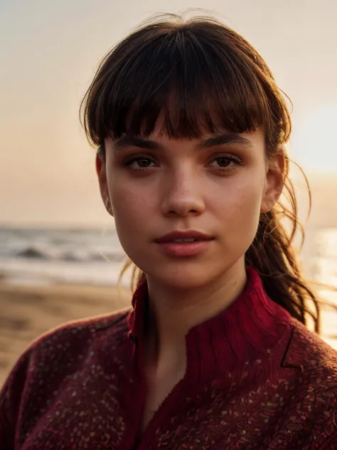 <lora:marti1-1:1>,photo of marti1,masterpiece,ultra detailed skin,8k,realistic,ponytail with bangs,golden hour,sunray,(rim lit:1.3), (wearing red sweater), white background,close-up,at the beach,bokeh,cinematic,film grain,volumetric lighting <lora:add_detail:1> (add_detail:1.3)