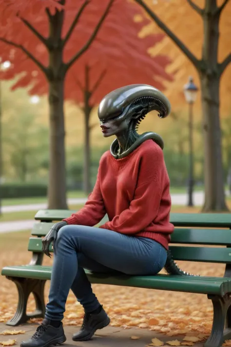 female xenomorph sitting on a green park bench in red sweater and jeans, lips, (tail up:1.5), daylight, autumn trees and leaves, wide shot, cinematic, full body, summer