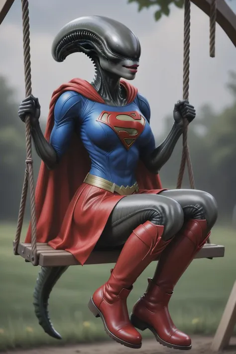 female xenomorph, realistic artwork of a xenowaifu, wearing a supergirl costume with red cape and boots <lora:female_xenomorph_xenowaifu_sdxl:0.8> sitting on a swing, (tail:1.5), smiling, lips, holding the rope, blue sky