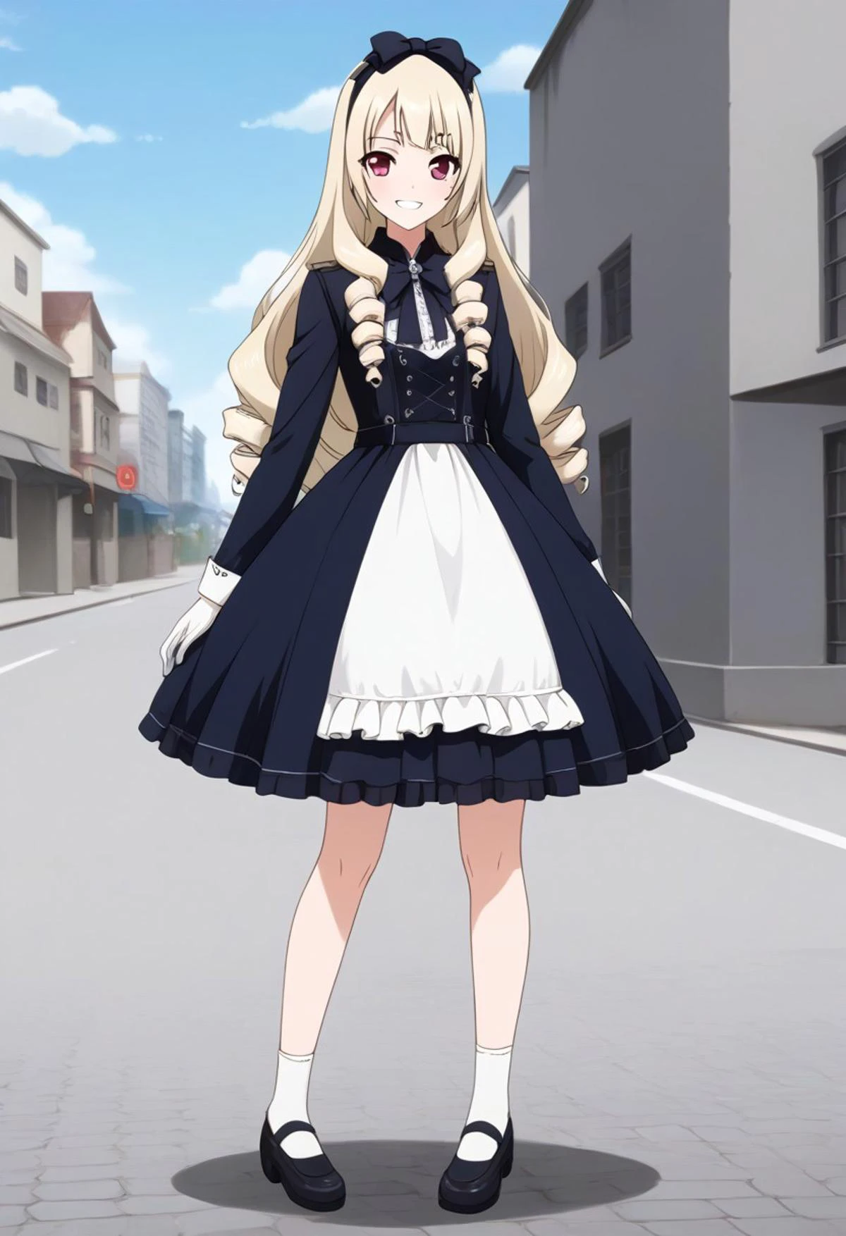 core_9, score_8_up, score_7_up,
BREAK source_anime, best quality, masterpiece, rating_safe, uncensored, High quality, 8k, Ultra detailed, insanely detailed, beautiful, prefect lighting, 1girl,
BREAK rinkoogasawara, <lora:rinko-ogasawara-s1-ponyxl-lora-nochekaiser:1>, ((rinko ogasawara, long hair, blonde hair, red eyes, bow, hair bow, hairband, drill hair, twin drills)),
BREAK grin, full body, looking at viewer, standing, contrapposto, from front,
BREAK <lora:military uniform_pony_V1.0:0.8> jyojifuku, m dress, black hat, belt, gloves, black dress,
BREAK small breasts, sagging breasts, breasts apart,
BREAK City, road, sky, sun, clouds, cave,cobblestones,
