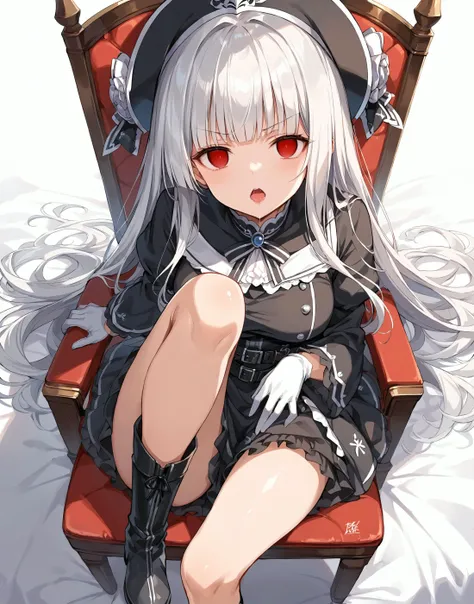 score_9, score_8_up, score_7_up, source_anime, <lora:Fixhands_anime_bdsqlsz_V1:1>, <lora:Expressive_H:0.5>, Expressiveh, masterpiece, highres, ultra detailed, best quality, extremely detailed face, perfect lighting, 1girl, solo, , beautiful skin, shiny hair, tsurime, shiny eyes, dark red eyes, long hair, hime cut, large breasts, cute, parted lips, platinum hair,  [closed eyes: (empty eyes:1.3):11], blush, (tears:0.6), open mouth,   saliva, saliva trail toes, one leg forward, legs focus, close-up, light blush, v-shaped eyebrows, sitting on chair, from front, from above, looking at viewer, gothic architecture, <lora:military uniform_pony_V1.0:0.8>, jyojifuku,m dress, hat, belt,gloves,black dress, black footwear, long boots,