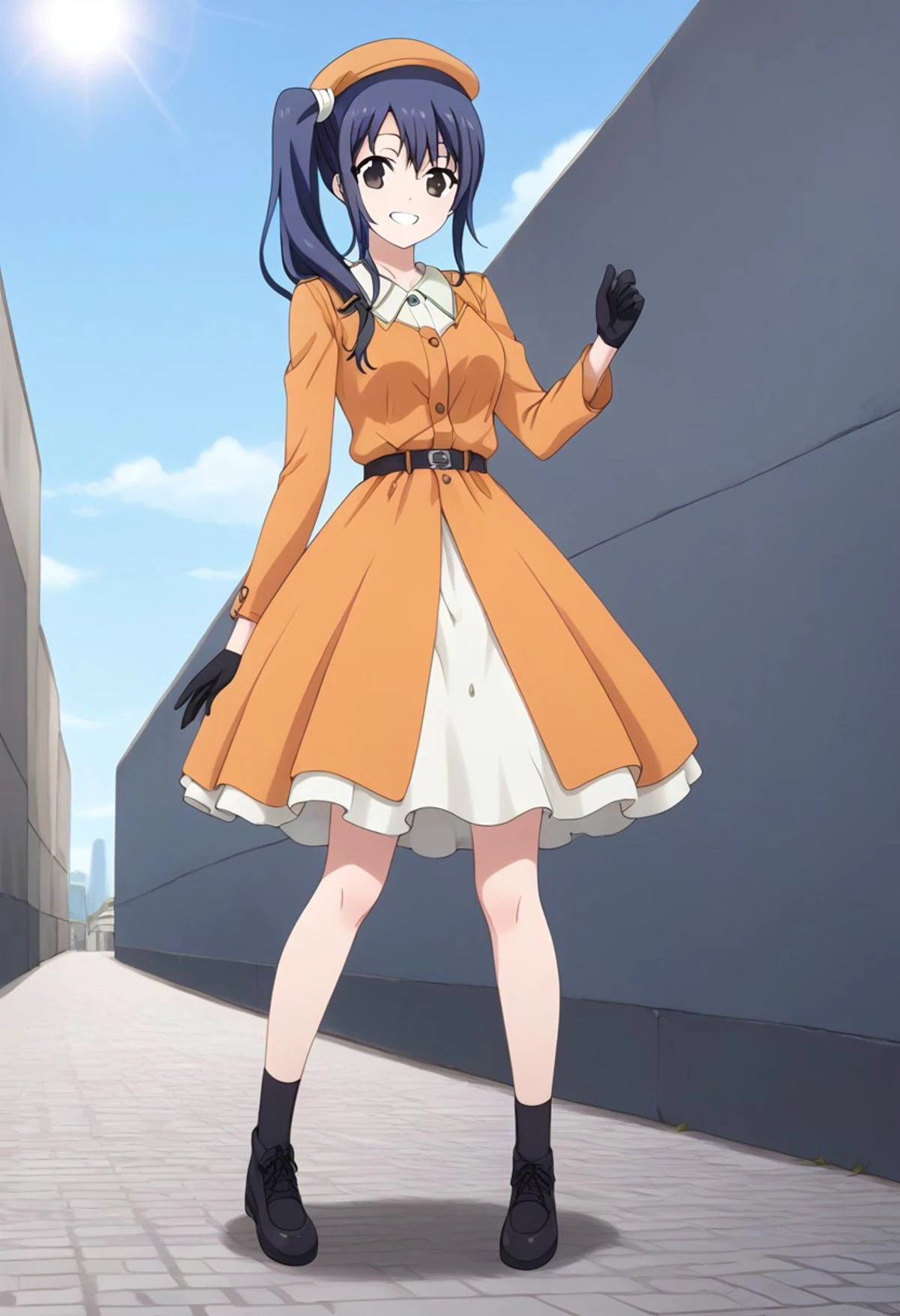 core_9, score_8_up, score_7_up,
BREAK source_anime, best quality, masterpiece, rating_safe, uncensored, High quality, 8k, Ultra detailed, insanely detailed, beautiful, prefect lighting, 1girl,
BREAK midoriimai, <lora:midori-imai-s1-ponyxl-lora-nochekaiser:1>, ((midori imai, long hair, black hair, blue hair, black eyes, side ponytail)),
BREAK grin, full body, looking at viewer, standing, contrapposto, from front,
BREAK <lora:military uniform_pony_V1.0:0.8> jyojifuku, m dress, Orange hat, belt, gloves, Orange dress,
BREAK large breasts, sagging breasts, breasts apart,
BREAK City, road, sky, sun, clouds, cave,cobblestones,