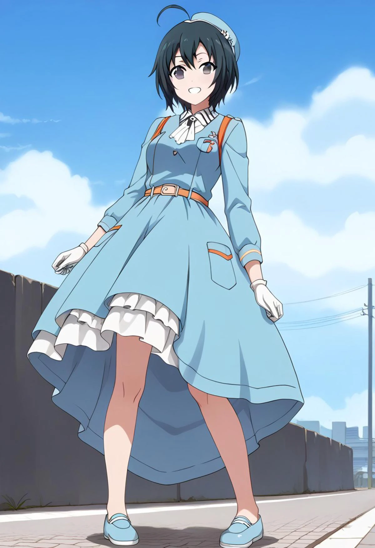 core_9, score_8_up, score_7_up,
BREAK source_anime, best quality, masterpiece, rating_safe, uncensored, High quality, 8k, Ultra detailed, insanely detailed, beautiful, prefect lighting, 1girl,
BREAK ((misa toudou, short hair, black hair, ahoge, black eyes)),
BREAK grin, full body, looking at viewer, standing, contrapposto, from front,
BREAK <lora:military uniform_pony_V1.0:0.8> jyojifuku, m dress, blue hat, belt, gloves, blue dress,
BREAK large breasts, sagging breasts, breasts apart,
BREAK City, road, sky, sun, clouds, cave,cobblestones,