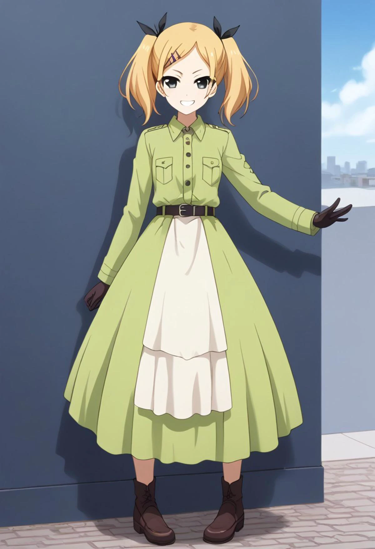 core_9, score_8_up, score_7_up,
BREAK source_anime, best quality, masterpiece, rating_safe, uncensored, High quality, 8k, Ultra detailed, insanely detailed, beautiful, prefect lighting, 1girl, 
BREAK erikayano, <lora:erika-yano-s1-ponyxl-lora-nochekaiser:1>, ((erika yano, short hair, blonde hair, hair ornament, twintails, hairclip, mole, grey eyes, mole under eye, short twintails, ribbon, hair ribbon)),
BREAK grin, full body, looking at viewer, standing, contrapposto, from front,
BREAK <lora:military uniform_pony_V1.0:0.8> jyojifuku, m dress, Yellow green hat, belt, gloves, Yellow green dress, 
BREAK small , sagging ,  apart,
BREAK City, road, sky, sun, clouds, cave,cobblestones,