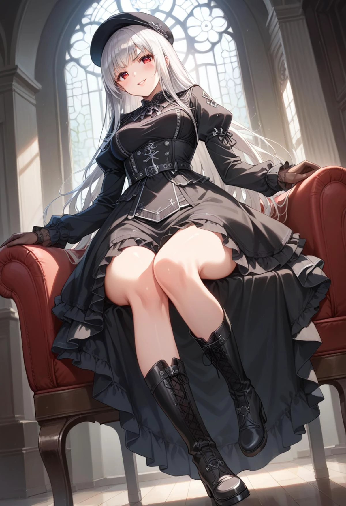 score_9, score_8_up, score_7_up, source_anime, <lora:Fixhands_anime_bdsqlsz_V1:1>, <lora:Expressive_H:0.5>, Expressiveh,
masterpiece, highres, ultra detailed, best quality, extremely detailed face, perfect lighting, 1girl, solo, , beautiful skin, shiny hair, tsurime, shiny eyes, dark red eyes, long hair, hime cut, large breasts, cute, parted lips, platinum hair, toes, one leg forward, legs focus, close-up, light blush, v-shaped eyebrows,
sitting on chair, from front, from bit below, looking at viewer, gothic architecture,
<lora:military uniform_pony_V1.0:0.8>, jyojifuku,m dress, hat, belt,gloves,black dress, black footwear, long boots,