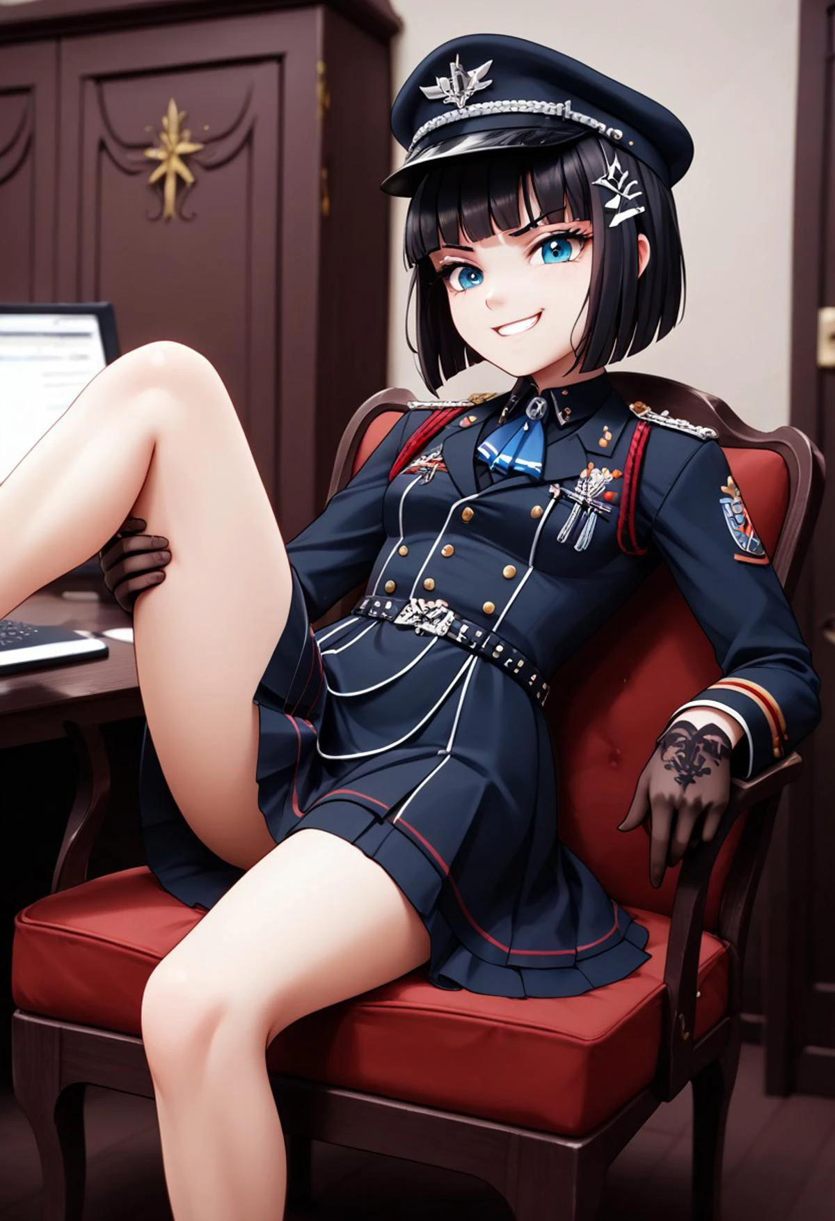 (score_9, score_8_up, score_7_up), black hair, hime cut, short hair, black eyes, detail1eye, smirk, small breasts, <lora:military uniform_pony_V1.0:0.8>, jyojifuku, m dress, military hat, belt, black gloves, black dresssitting on chair, one leg up, office (indoors:1.3), from a bit above, (best quality:1.2) (high quality:1.1), <lora:add-detail-xl:0,5>, <lora:xl_more_art-full_v1:0.5>,