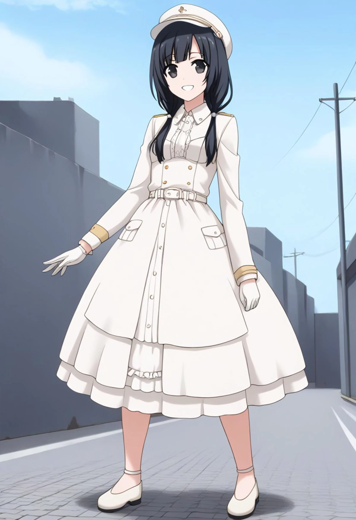 core_9, score_8_up, score_7_up,
BREAK source_anime, best quality, masterpiece, rating_safe, uncensored, High quality, 8k, Ultra detailed, insanely detailed, beautiful, prefect lighting, 1girl,
BREAK emayasuhara, <lora:ema-yasuhara-s1-ponyxl-lora-nochekaiser:1>, ((ema yasuhara, long hair, black hair, twintails, black eyes, low twintails)),
BREAK grin, full body, looking at viewer, standing, contrapposto, from front,
BREAK <lora:military uniform_pony_V1.0:0.8> jyojifuku, m dress, White hat, belt, gloves, White dress,
BREAK small breasts, sagging breasts, breasts apart,
BREAK City, road, sky, sun, clouds, cave,cobblestones,