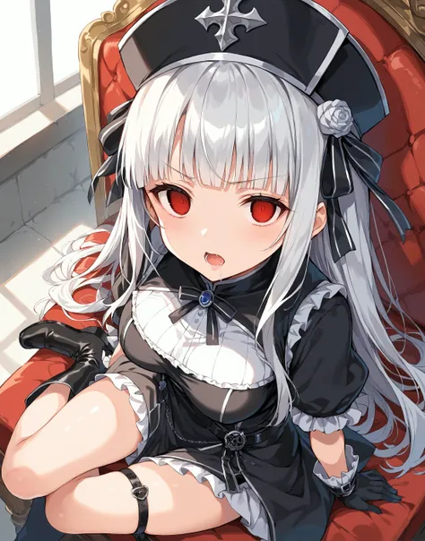 score_9, score_8_up, score_7_up, source_anime, <lora:Fixhands_anime_bdsqlsz_V1:1>, <lora:Expressive_H:0.5>, Expressiveh, masterpiece, highres, ultra detailed, best quality, extremely detailed face, perfect lighting, 1girl, solo, , beautiful skin, shiny hair, tsurime, shiny eyes, dark red eyes, long hair, hime cut, large breasts, cute, parted lips, platinum hair,  [closed eyes: (empty eyes:1.3):11], blush, (tears:0.6), open mouth,   saliva, saliva trail toes, one leg forward, legs focus, close-up, light blush, v-shaped eyebrows, sitting on chair, from front, from above, looking at viewer, gothic architecture, <lora:military uniform_pony_V1.0:0.8>, jyojifuku,m dress, hat, belt,gloves,black dress, black footwear, long boots,