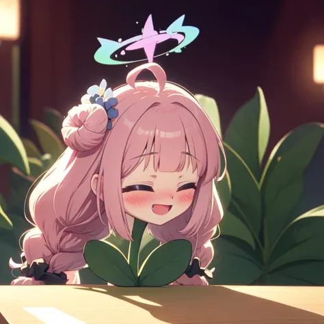 pink hair,long hair,<lora:èèæ¡£æ¡ èåï¼ã¿ãã®ï¼ ãã« Misono Mikaå£å­æªè±:0.7>,<lora:waa:1.2>,waa,table,leaf,1girl,>_<,single side bun,closed eyes,hair ornament,hair bun,smile,hair flower,halo,blush,xd,flower,:d,bangs,scrunchie,panorama,