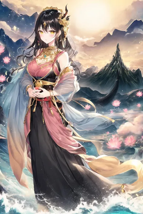 <lora:gilding_v1-000006:0.6>,1girl,1 black dragon,black hair,bracelet,cloud,full body,gilding\\(style\\),long skirt,lotus,mountain,shawl,solo,waves,yellow eyes,