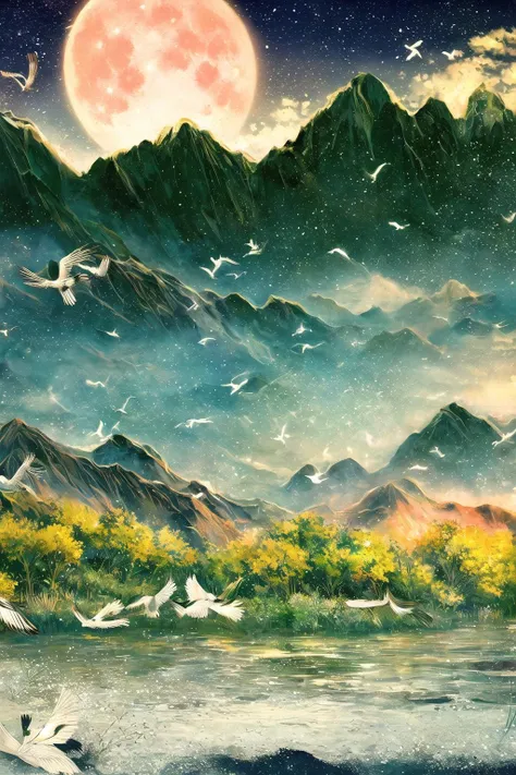 <lora:gilding_v1-000006:0.7>,gilding\\(style\\),bird,moon,mountain,red-crowned crane,scenery,