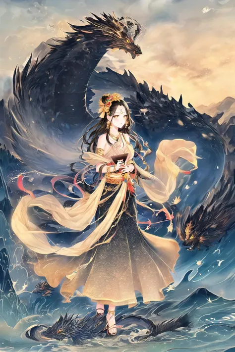 <lora:gilding_v1-000006:0.8>,1girl,1 black dragon,black hair,bracelet,cloud,full body,gilding\\(style\\),long skirt,lotus,mountain,shawl,solo,waves,yellow eyes,