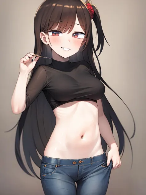 masterpiece, best quality, <lora:lak:1>,jeans,shirt,medium breasts, long hair, brown hair, smile,