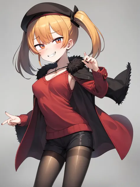 masterpiece, best quality, <lora:lak:1>,shorts,pantyhose,sweater,coat,beret,twintails,evil smile, medium breasts, solo,