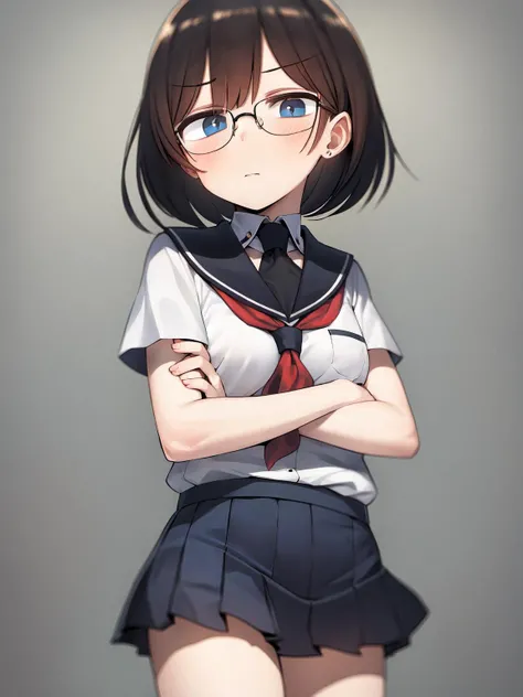 masterpiece, best quality, <lora:lak:1>,school uniform,glasses,short breasts,medium hair, blue eyes, black hair,solo,crossed arms,