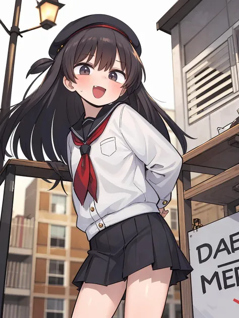 masterpiece, best quality, 2girl, long_hair, black_hair, school_uniform, beret, outdoors, smile, open_mouth, looking_at_viewer, standing,<lora:lak2-000020:1>
