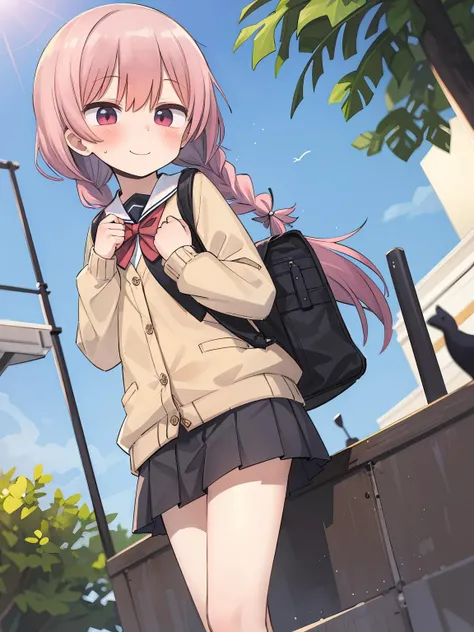 masterpiece, best quality, 1girl, solo, twin_braids, pink_hair, braid, smile, outdoors, school_uniform, miniskirt, cardigan, standing,<lora:lak2-000020:1><lora:Lakilolom2 style:0><lora:ega:0>