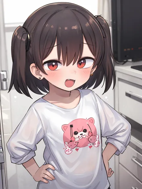 masterpiece, best quality, 1girl, solo, looking_at_viewer, blush, smile, short_hair, open_mouth, bangs, brown_hair, shirt, red_eyes, upper_body, :d, earrings, fang, :3, pink_shirt, smug, hands on hips,<lora:lak2-000020:1>