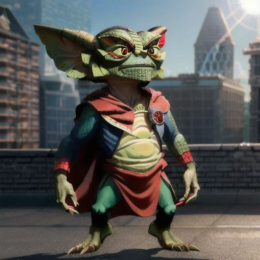 (a Gremlin:1.3), (a gremlin with green eyes and large ears and wearing a spider man costume), sharp teeth, claws, gremlin in costume, (spider-man costume), (ripped and torn costume:1.1), (detailed skin:1.1), (reptile skin:1.3), ( citybackground:1.3), light theme, hyper real, realistic, 8K, intricate details, (detailed costume), high resolution, (masterpiece:1.2), full body shot, <hypernet:Gremlin3:1>, <lora:cyberrealistic_v12:1>, <lora:cyberdeliaTestLab_v10StarterEdition:1>