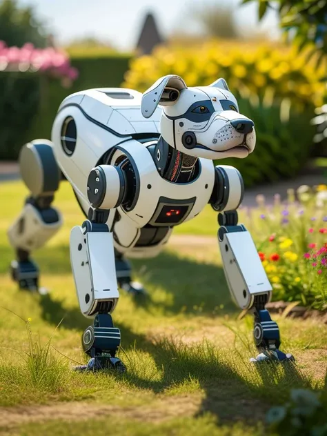 masterpiece, high quality, a robot dog, play in the garden <lora:J_sci-fi-000014:0.8> j_sci-fi