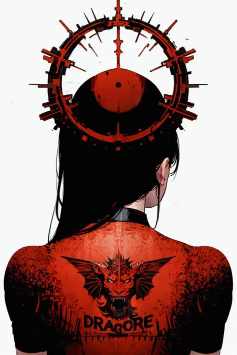 (best art,:1.3),red theme, white theme, ultra high res, masterpiece, best quality <lora:tattoo_lora01:0.8> 1girl, back's dragon tattoo,from benind,backless,