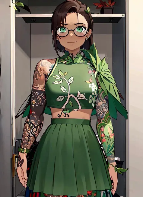 ((best quality)), ((highly detailed)), masterpiece, absurdres, extremely detailed face, beautiful face, (detailed eyes, deep eyes), (1girl), (glasses), dynamic angle, full body, very wide shot, (dryad), (((plant_hair:1.5, brown hair, flower in hair, <lora:conceptColoredInner_v10:1>, Dark moss green colored inner hair, leaves in hair))), (((dark brown skin:1.5))), plant girl, (serene smile), green eyes, tall woman, <lora:tattoo_lora01:1>, ((intricate tattoos:1.4)), (green tattoos), (rune tattoos), nature, ((leaf skirt, clothes made of plants:1.4)), medium breasts, mushrooms, (inside, in a locker room, metal lockers, concrete floor, bench), <lora:RWBYOCs:1>, rwby oc, holding weapon