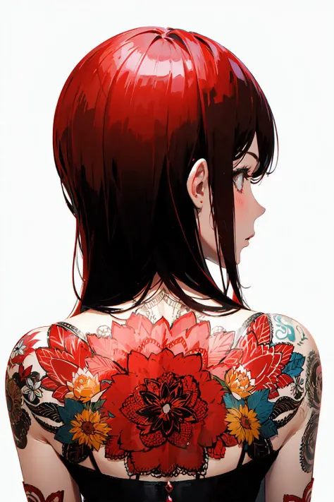 (best art,:1.3),red theme, white theme, ultra high res, masterpiece, best quality <lora:tattoo_lora01:0.8> 1girl, tattoo,from benind,backless,